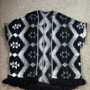 American Eagle Geometric Patterned Poncho with Fringe